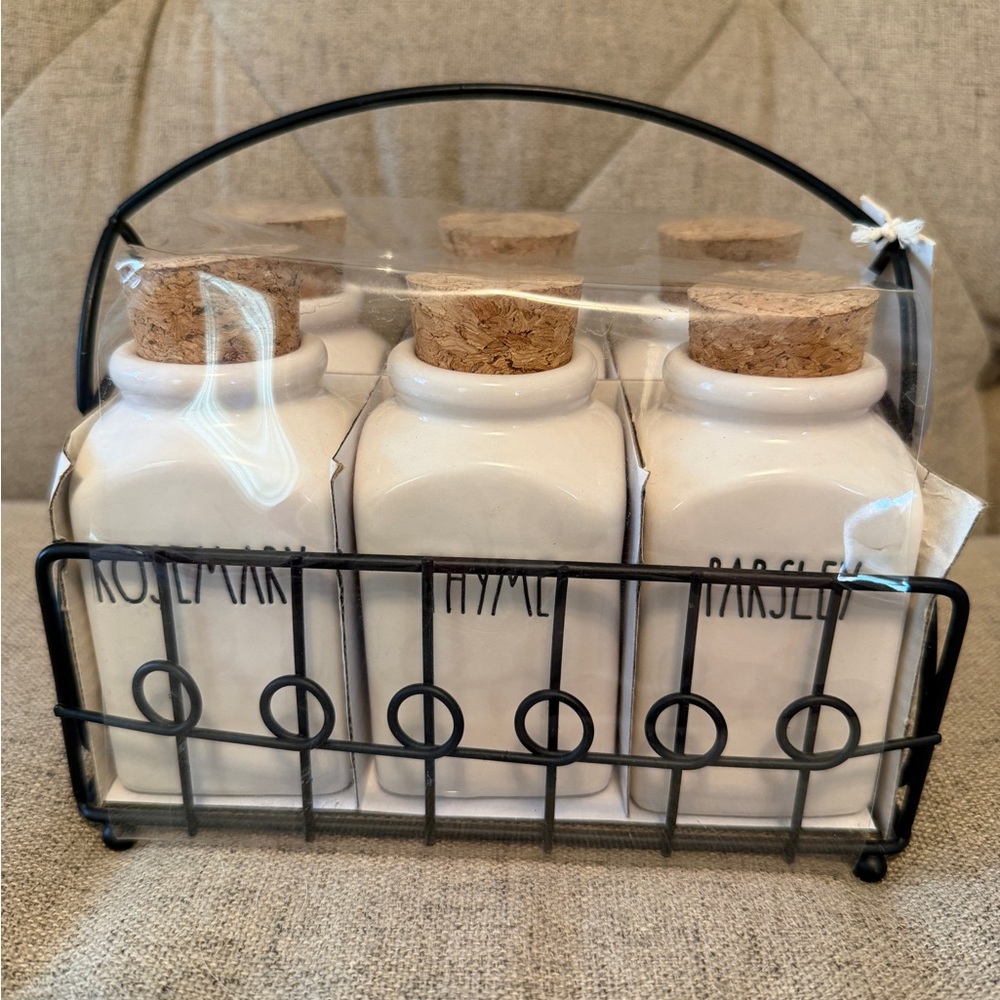 Rae Dunn Spice Jar Set w/ Metal Caddy – Oregano Sage Dill Parsley Thyme – New